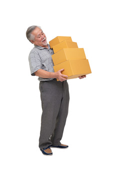 Happy asian senior man持有包裹箱、快递和在线配送服务理念销售产品