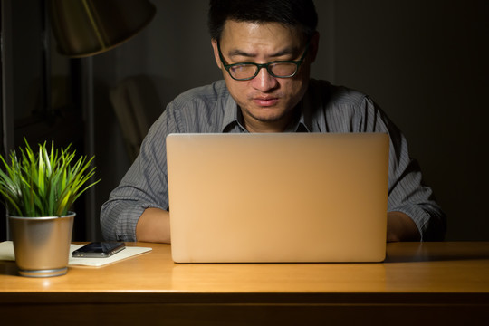 亚洲商人在晚上工作，自由程序员或开发人员在家工作，用笔记本电脑输入源代码，严肃和加班的概念