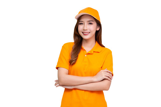 身穿橙色制服的亚洲女员工，白色背景隔离