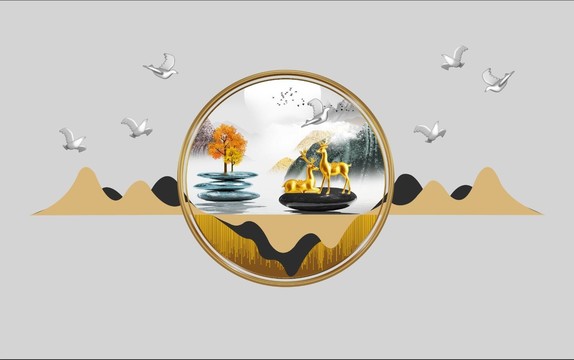 3D立體浮雕山水麋鹿電視背景墻