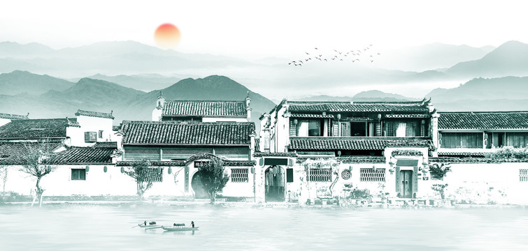 水墨徽派建筑山水畫