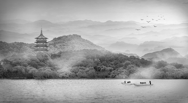 水墨西湖山水