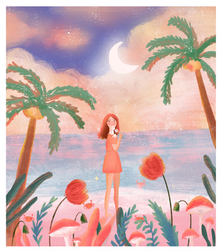 夏日少女海灘人物插畫溫暖系