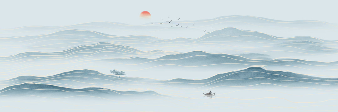 高端線條水墨山水畫