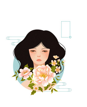 手里拿著花朵的清新女孩插畫