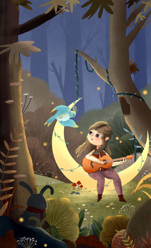 夜晚森林插画小女孩弹吉他