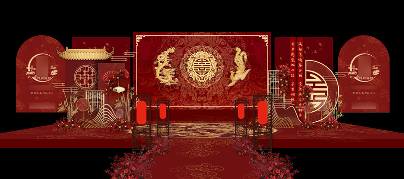 紅金色新中式婚禮舞臺(tái)效果圖