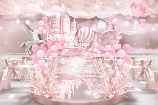 粉色梦幻城堡婚礼效果图素材