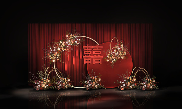 紅色復古新中式民國風婚禮效果圖