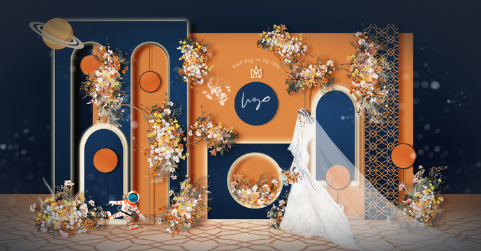 蓝橙色撞色婚礼合影区效果图设计