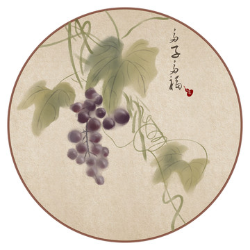 葡萄藤圓鏡肌理畫水粉畫中式插畫