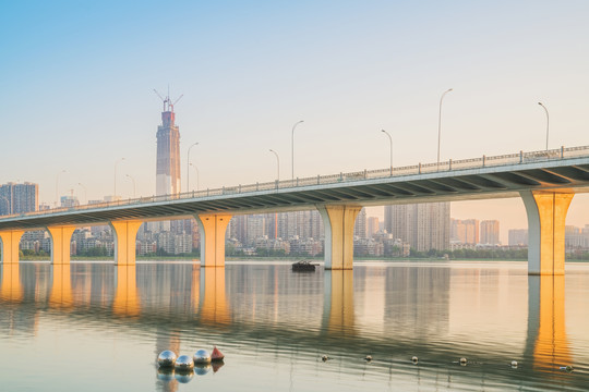 武汉城市天际线和沙湖大桥风光