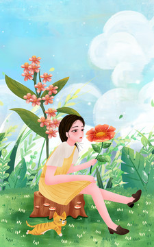 春天女孩封面插畫