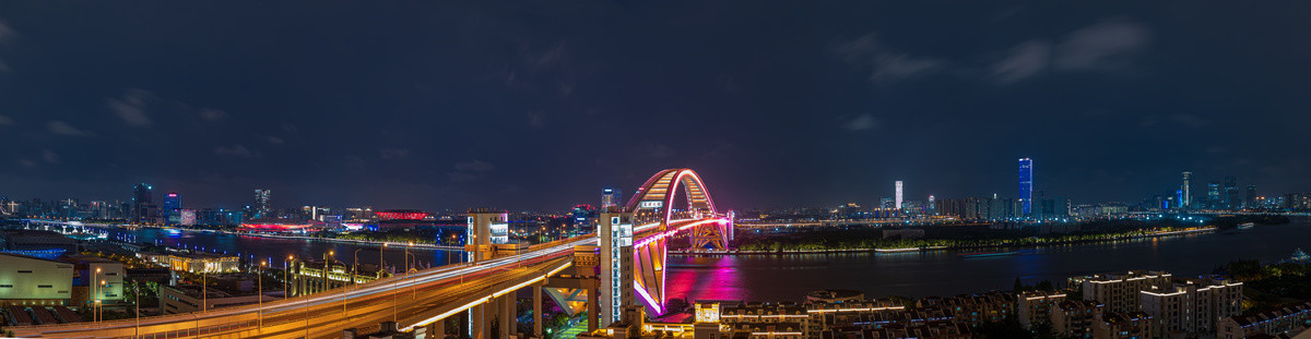 上海黄浦江卢浦大桥段夜景全景