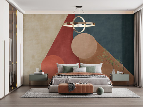 现代轻松墙布壁画卧室背景效果图