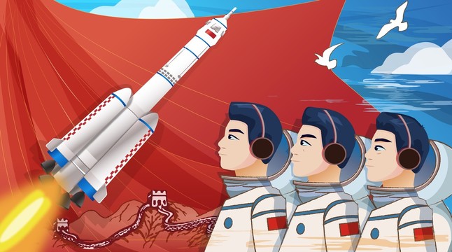 红旗下航天员形象长征火箭发射