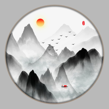 圓形山水裝飾畫