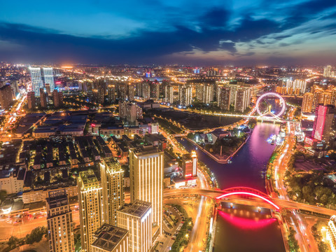 航拍天津建筑景观夜景