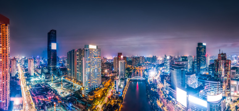 航拍浙江宁波城市夜景