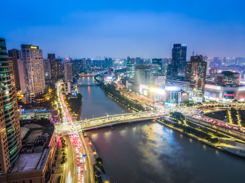 航拍宁波城市建筑天际线夜景