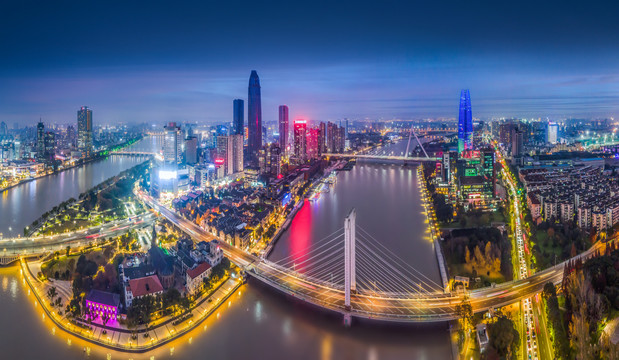 航拍宁波城市地平线夜景