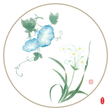 水仙花牵牛花圆形画