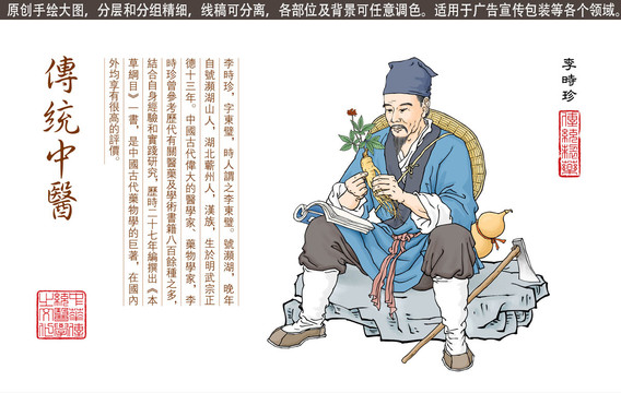 李时珍手拿人参采药插画