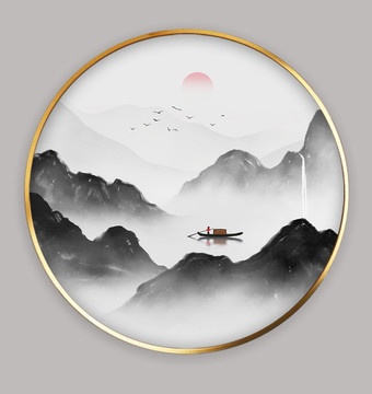 新中式客廳玄關山水壁畫