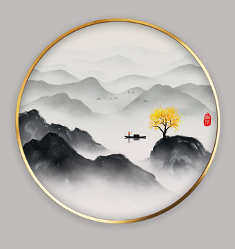中式客厅玄关山水圆框装饰画