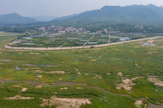 航拍济南卧虎山水库变身大草原