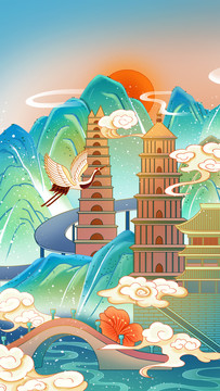 西安城市中國風(fēng)建筑插畫