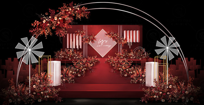 酒紅色紅白撞色婚禮效果圖