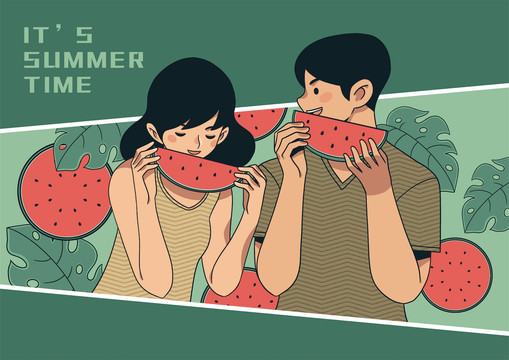 夏日主题插画吃西瓜的情侣