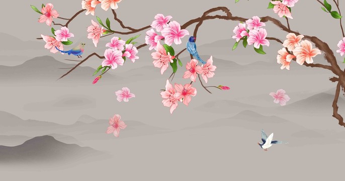 桃花山水掛畫壁畫