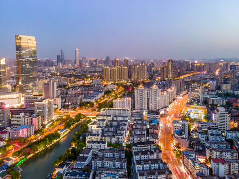 航拍江苏无锡城市建筑夜景