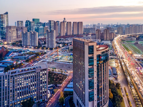 航拍杭州城市风光夜景