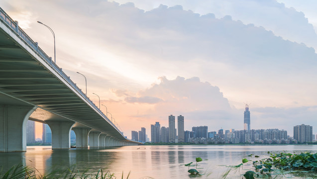 武汉沙湖大桥和城市建筑天际线