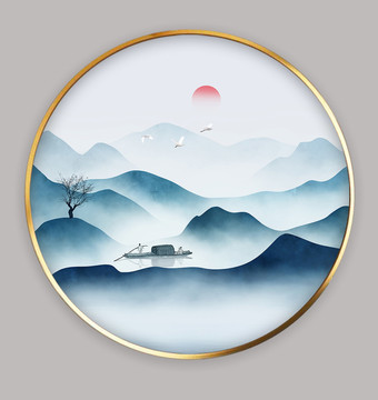 新中式圓形山水晶瓷畫