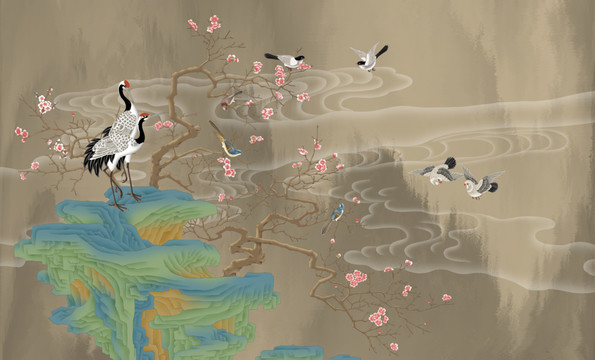 工筆花鳥畫梅花山石圖