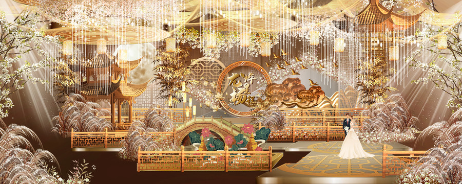 香檳金色新中式婚禮舞臺