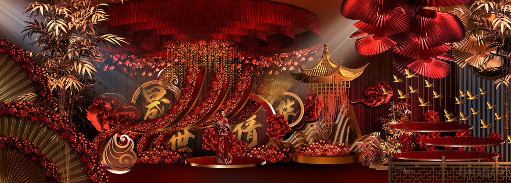 新中式紅金大氣婚禮迎賓區(qū)