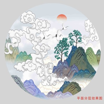 圆形国潮山水画