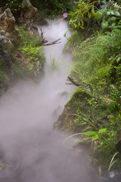 溪流绿岸水雾风景