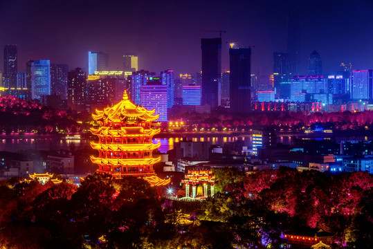 中国湖北武汉黄鹤楼夜景风光