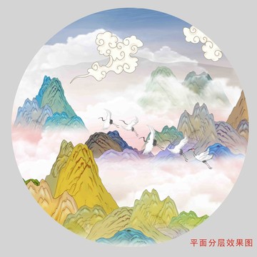 国潮挂画壁画圆形山水画