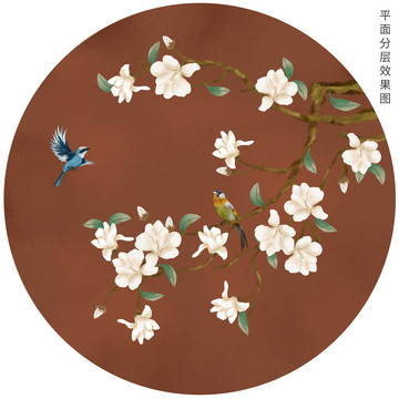 玉蘭圓形花鳥裝飾畫