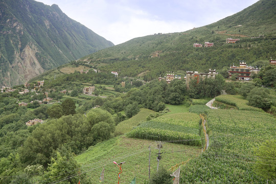 俯拍丹巴甲居藏寨山村田园