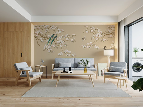 新中式沙发墙布壁画背景效果图