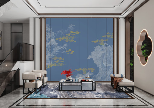 中式客厅墙布壁画室内背景效果图