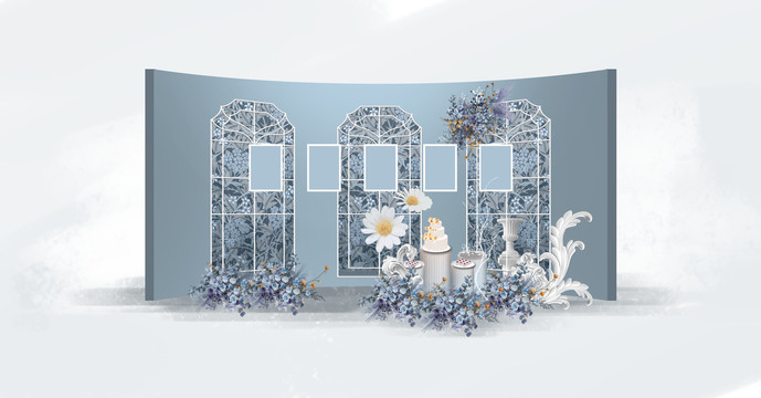 法式花园蓝色婚礼展区效果图